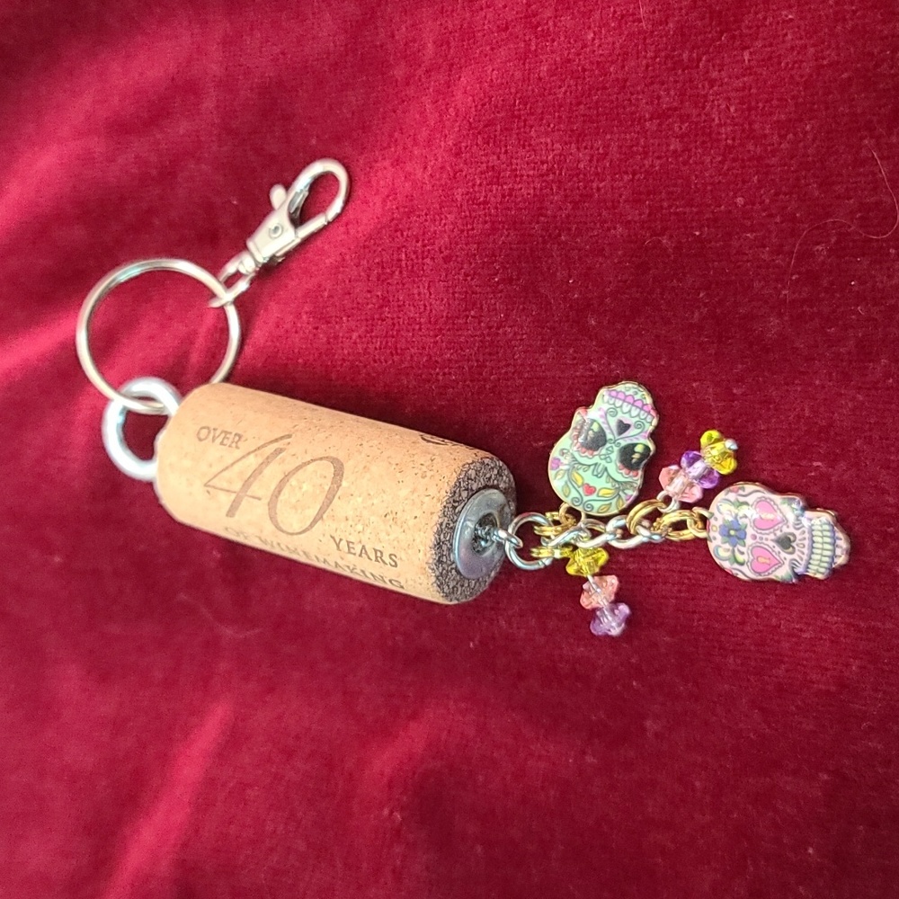 Cinco De Mayo or DAY OF THE DEAD Wine Cork Key Chain Purse Charm - Upcycled